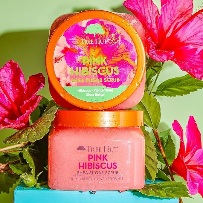 Tree Hut Pink Hibiscus Body Scrub, Exfoliating & Hydrating Sugar Scrub with Shea Butter & Essential Oils, Smooth Skin, Body Exfoliator For All Skin Types, Self Care Gifts for Women, Vegan, 18 Oz