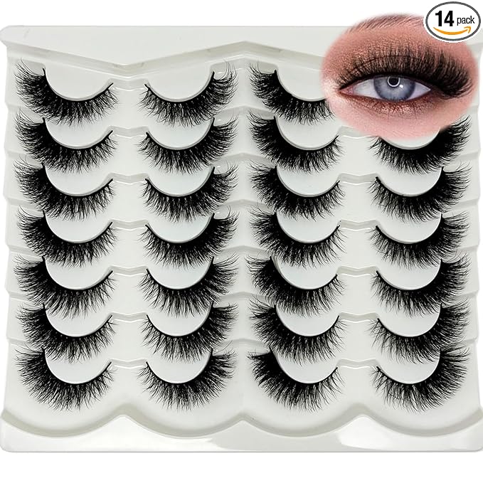 Cat Eye Lashes Natural Look Wispy Short Fluffy Fox Eye Lashes Strip Soft C Curl Natural Faux Mink Cateye Lash Strips Fake Eyelashes Bulk 14 Pairs