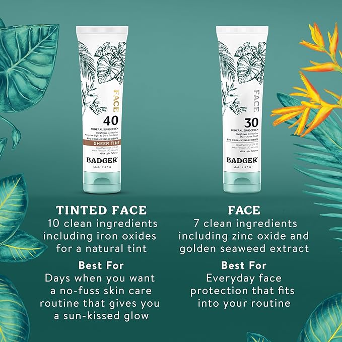 Badger Tinted Sunscreen for Face SPF 40, Lightweight Tinted Mineral Sunscreen w/Sheer Tint Warm Finish for Light or Dark Skin, No White Cast, 80% Organic, Water Resistant, Unscented, 1.7 floz, 2 Pack