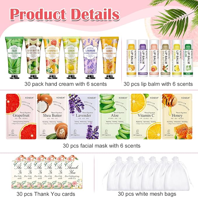 KONEUK 30 Pack Bulk Facial Mask, Bulk Hand Cream and Bulk Lip Balm Sets, Mothers Day Gifts for Mom, Teacher Appreciation Gifts, Nurses Week Gifts and Bridal Shower Favors, Birthday Gifts