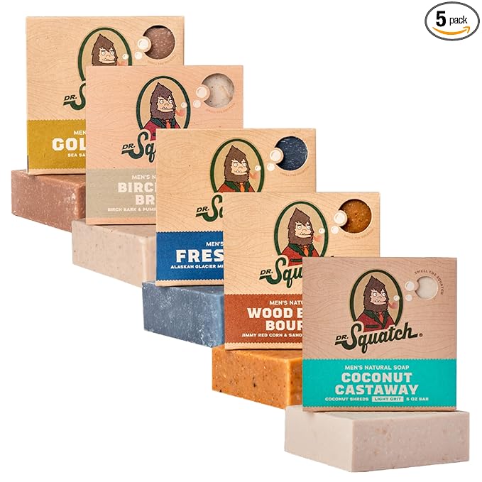 Dr. Squatch Natural Men’s Bar Soap - Cold Process Body Soap Bar with Natural Oils - Gifts for Men - Coconut Castaway, Wood Barrel Bourbon, Fresh Falls, Birchwood Breeze & Gold Moss (5 oz, 5-Pack)