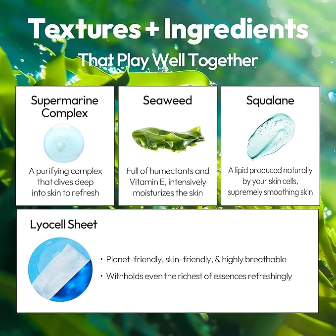 LAPCOS Seaweed Sheet Mask - Purifying & Hydrating Face Masks with Hyaluronic Acid & Squalane for Dull, Dry Skin & Uneven Texture - Highly Breathable Lyocell Sheet - Korean Skin Care (Pack of 5)