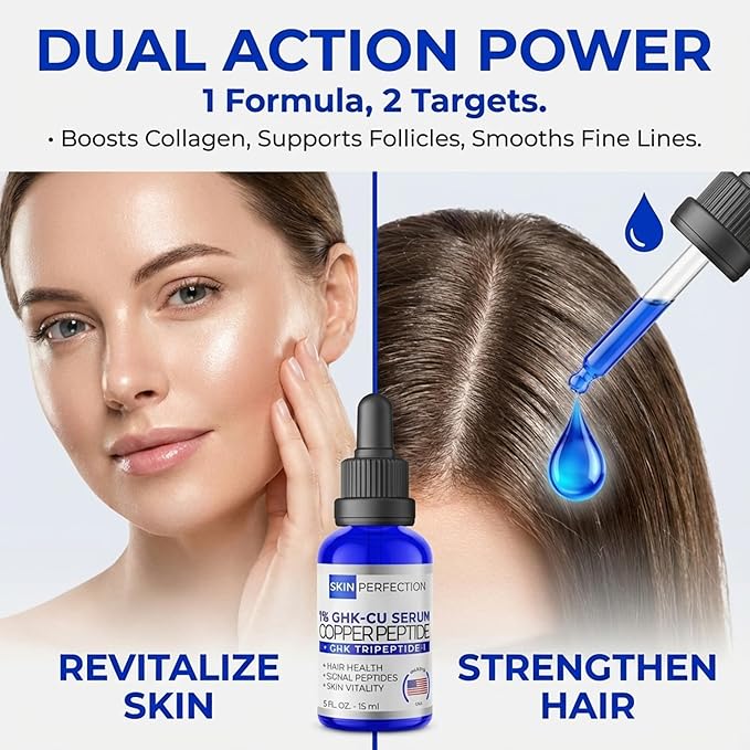 Skin Perfection Copper Peptide Serum GHK-CU 1% for Face & Hair Copper Peptides for Skin, Hair, & Scalp - 1% Blue Liquid for Face, Neck, Body, Scalp Multi-Use Serum Booster with Dropper 0.5 fl oz