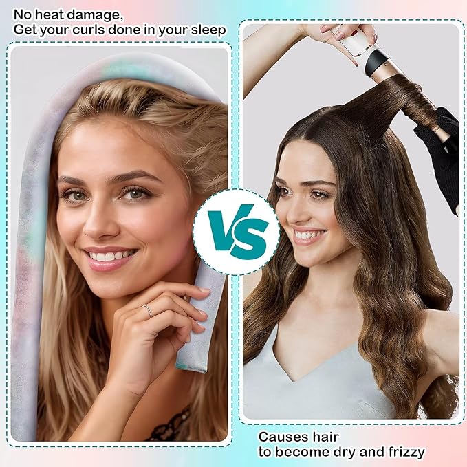 Heatless Hair Curler for Overnight Curls | No Heat Curling Rod Set with Satin Bonnet | Sleep-In Safe Blowout Rods for Frizz-Free Waves Green Tie Dye