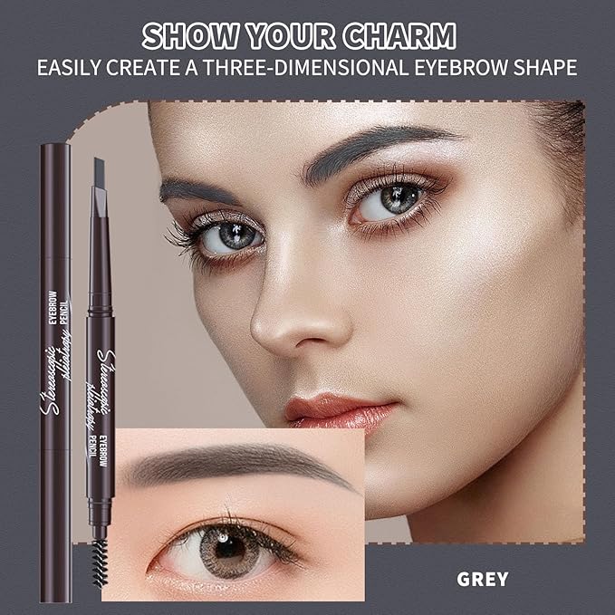 12pcs Grey Waterproof Eye Brow Pencils for Women, Retractable Dual-End Eyebrow Pencil with Brush, Triangular Tip Design, Easier to Define and Fill in Eyebrows for Natural Brow Shape