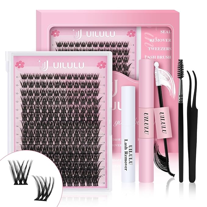 UILULU DIY Lash Extension Kit 168 Count Individual Lash Clusters D Curl Clusters Lashes, Lashes Kit with Lash Bond & Seal, Lash Remover, Lash Tweezers, and Lash Brush D Curl-0.07-8-18MM (U03 Lash Kit)