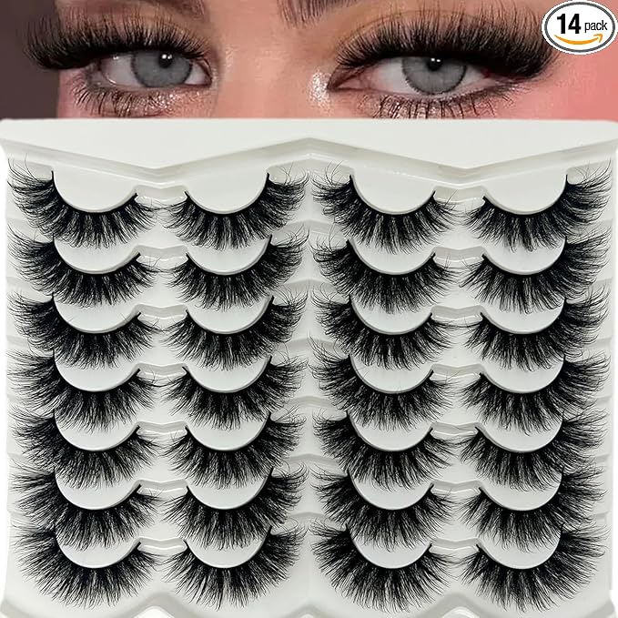 Mink Lashes Wispy Fluffy Cat Eye Strip Lashes Pack 3D Faux Mink Fake Eyelashes C Curl Long Volume Lash Strps Cateye False Eyelashes Natural Look