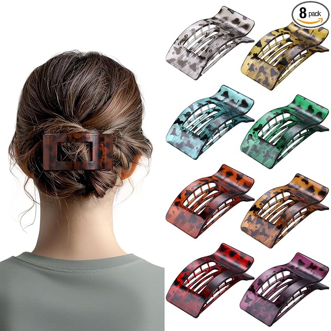 8 Pack French Flat Hair Clips for Women – Large Matte No-Slip Claw Barrettes for Thick & Thin Hair, Strong Hold Styling Accessories (Leopard)