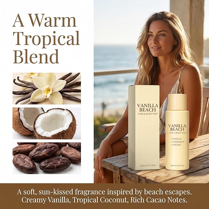 Vanilla Beach Hair and Body Mist - Vanilla Coconut Scented Personal Care Spray, Lightweight Daily Refresh Mist for Hair and Skin - 8.11 fl oz (3pcs)