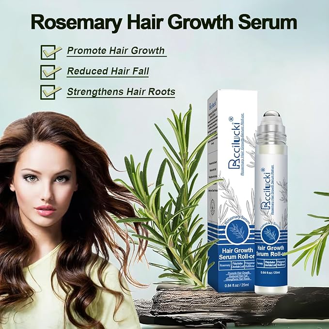 2PCS Rosemary Hair Growth Serum Roll-On, 25ml - With Polygonum Multiflorum, Platycladus Orientalis, Angelica Root, Aloe & Rosemary - Promotes Thicker, Fuller Hair, Non-Greasy Formula for Men