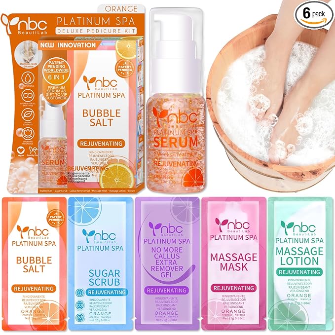 Pedicure Foot Soak Set - Upgraded 6 in 1 Foot Spa, Foot Bath Spa, Pedicure Kit for Tired & Dry Cracked Feet, Athletes Feet, Bad Odor, Softens Calluses (Orange)