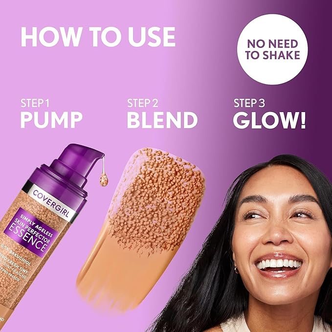 Covergirl Simply Ageless Skin Perfector Essence Foundation 30 Light-Medium, Blending Foundation Brush, Skincare Makeup Hybrid with Bakuchiol