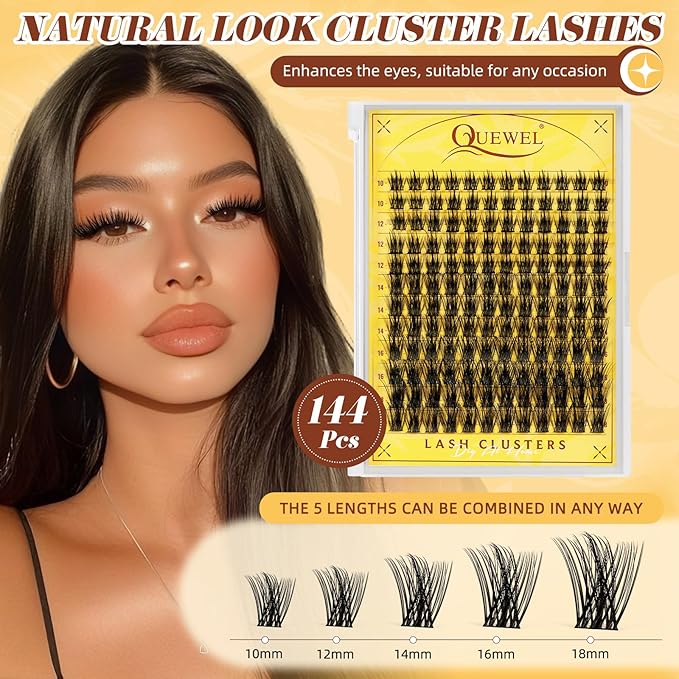 QUEWEL Lash Clusters Kit, 144PCS Natural Lash Custers with Lash Bond and Seal, C Curl Wispy Cluster Lashes Natural Look with Thin Band Easy to use for Beginners (DJ-FD-E）