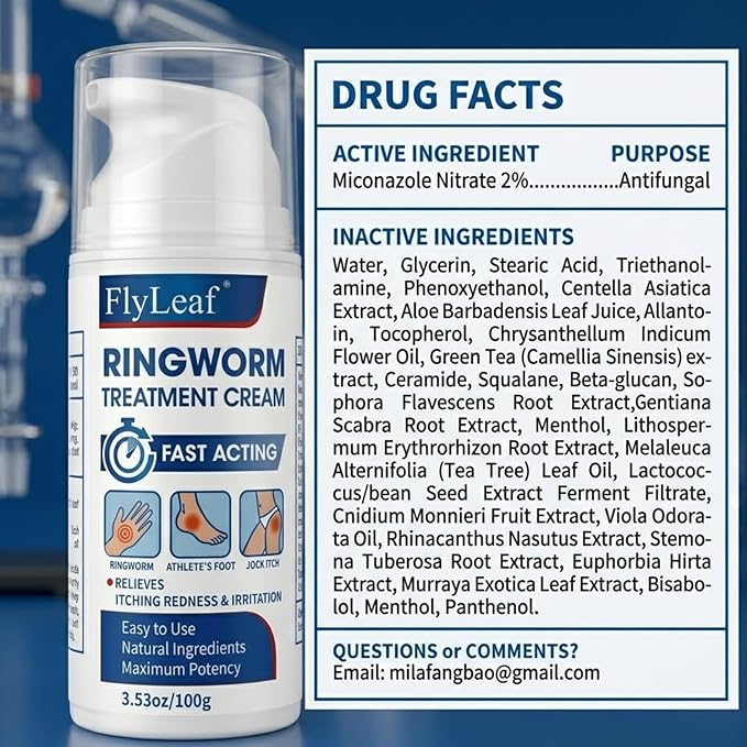 Antifungal Ringworm Treatment Cream, - Miconazole Nitrate 2% Antifungal Cream for Humans - For Fast Itch Relief, Jock Itch & Athlete's Foot - Cream with Ceramides & Tea Tree Oil, Non-Greasy, 3.53oz