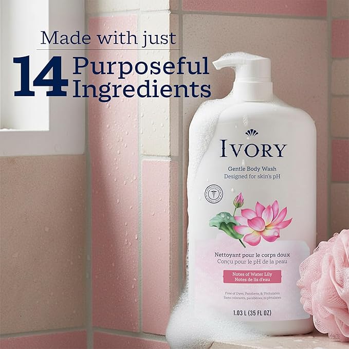 Ivory Body Wash, Designed for the Whole Family, Gentle Formula, Free of Dyes Heavy Perfumes Parabens Phthalates & Silicones, Designed for Skin's pH, Water Lily Scent, 35 oz