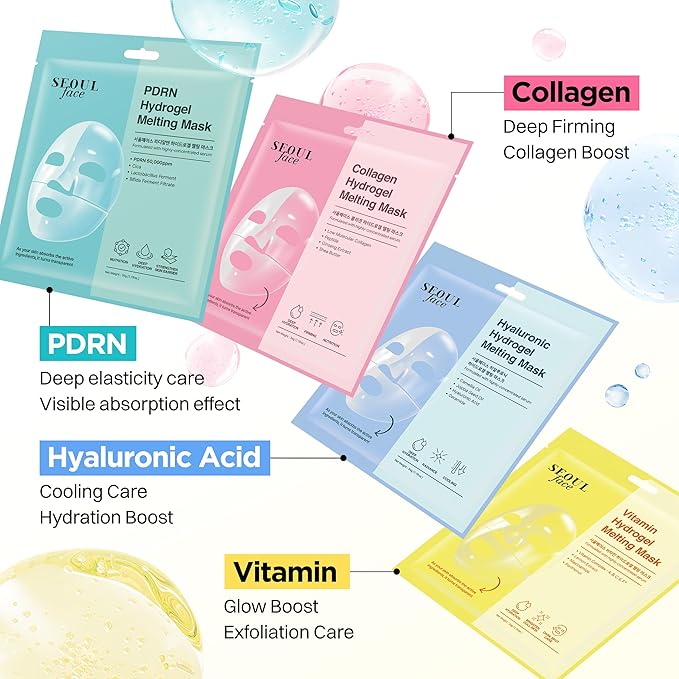 DERMAL Hydrogel Melting Mask Variety Pack 4 Sheets - Korean Overnight Face Mask Set with Collagen, Hyaluronic, PDRN, Vitamin - Glass Skin Jelly Gel for All Skin Concerns - K-Beauty Ritual