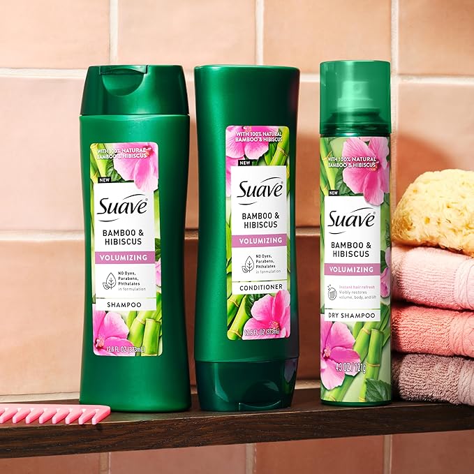 Suave Bamboo & Hibiscus Volumizing Shampoo, for Fine and Flat Hair, Salon Proven System for Boosting Hair Volume and Body, 28 oz, 4 Pack