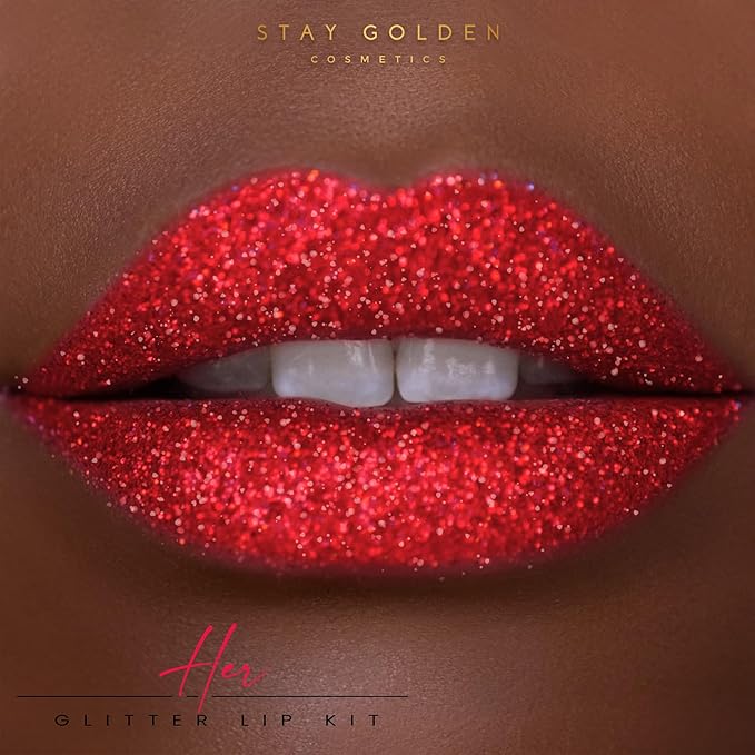 SG STAY GOLDEN COSMETICS Her Glitter Lip Kit, Cherry Red, Silver Sparkles