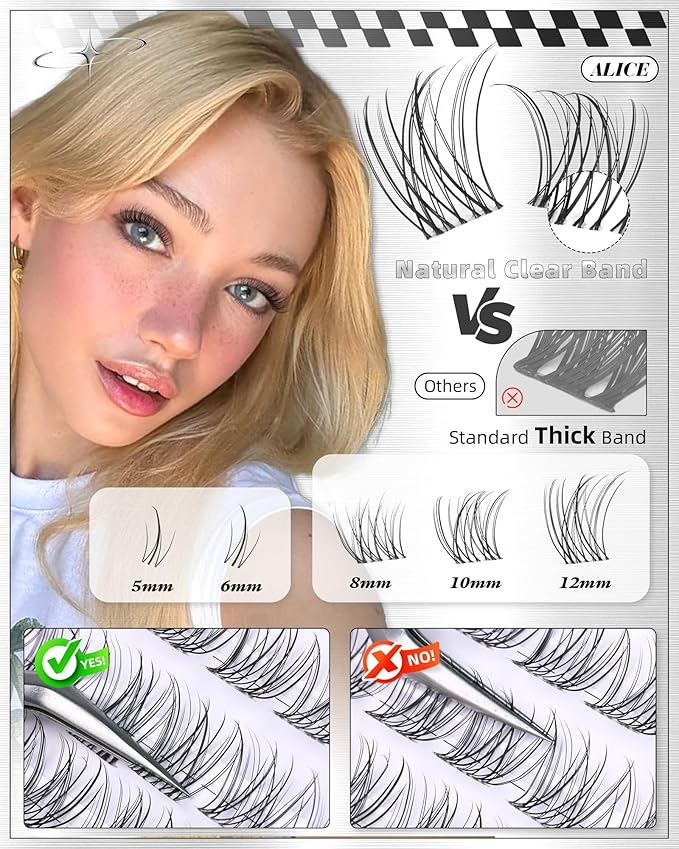 ALICE Eyelash Clusters Natural Short Lash Clusters 8-12mm Wispy Cluster Eyelash Extensions Clear Band Individual Lashes with 5-6mm Bottom Lashes