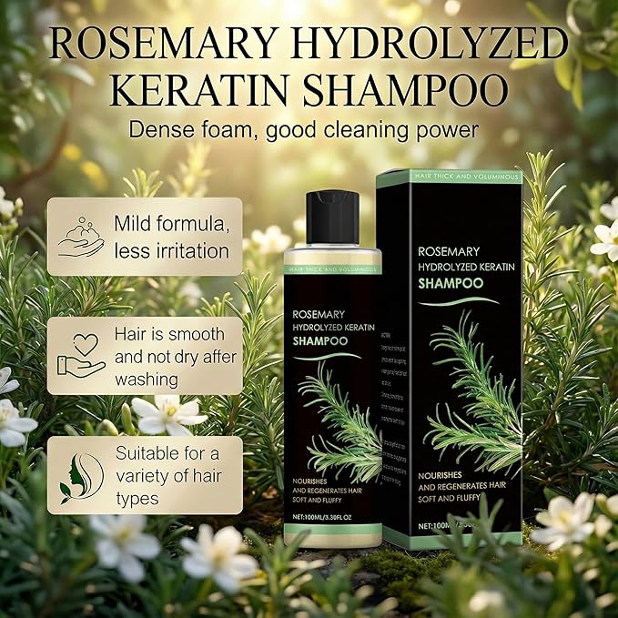 Rosemary Hair Growth Shampoo, Rosemary Hydrolyzed Keratin Shampoo for Thinning Hair – Strengthening & Volumizing Formula – Promotes Thicker Hair for Men & Women – Repairs Damaged – 100ml