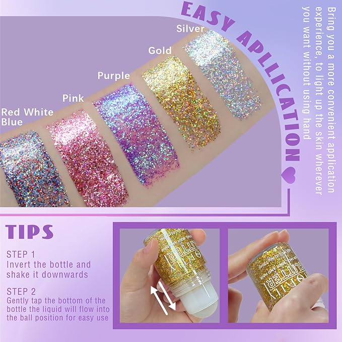 HOSAILY Roll-on Holographic Body Glitter Gel for Face Hair, Chameleon Color Changing Glitter Gel Under Light, Chunky Mermaid Sequins Festival Party Rave Accessories Shimmer Makeup (Gold)