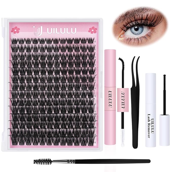 Uilulu Lash Clusters kit 8-18mm DIY Lash Extension Kit 168 Natural Lash Clusters 0.07D D Curl Wispy Individual Eyelash Clusters False Lashes Eye Lash Extension Lash Kits Extensions Kit （04）