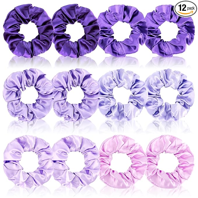 Cubaco 12 Pieces Satin Hair Scrunchies Elastic Hair Bobbles Scrunchy Hair Ties Ponytail Holder Hair Ties, Purple Lovers