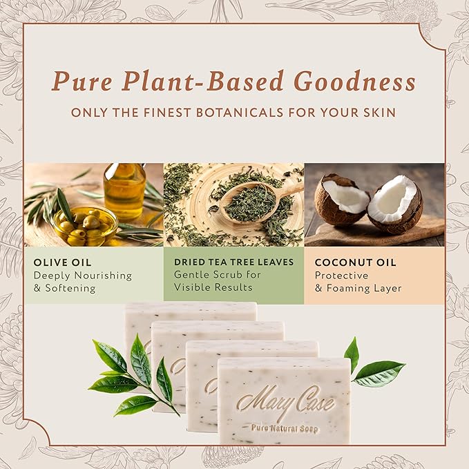 Mary Case Tea Tree Bar Soap Set of 4 | Natural Soap with Olive, Coconut & Tea Tree Oils + Real Tea Tree Leaves | Vegan Bath Soap for Men & Women | Balancing Oily Skin & Clearing Pores