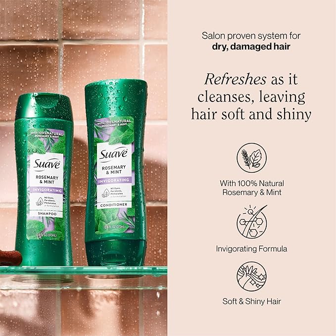 Suave Invigorating Shampoo with Rosemary & Mint, Refreshing & Replenishing Care for Healthy-Looking Hair, No Parabens, Phthalates, or Dyes, 6 Pack of 12.6 FL OZ Bottles
