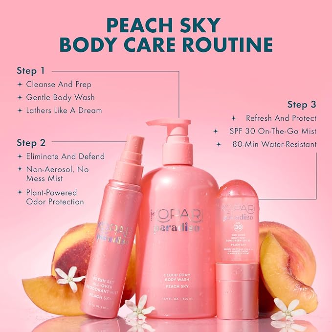 Kopari Paradiso Sun Juice SPF 30 Body Mist – Peach Sky | Clear Non-Sticky Broad-Spectrum Sunscreen Mist, 80-Min Water-Resistant