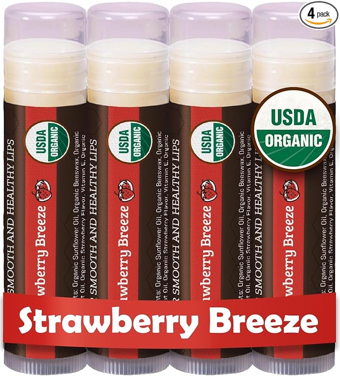 Earth's Daughter USDA Organic Lip Balm 4-Pack Strawberry flavor - Beeswax, Coconut Oil, Vitamin E - Best Lip Repair Chapstick for Dry Cracked Lips.