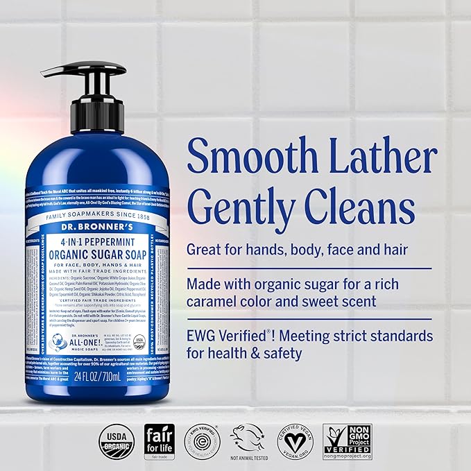 Dr. Bronner's - Organic Sugar Soap (Peppermint, 12 oz) - Made with Organic Oils, Sugar & Shikakai Powder, 4-in-1 Uses: Hands, Body, Face & Hair, Cleanses, Moisturizes & Nourishes, Vegan, Non-GMO