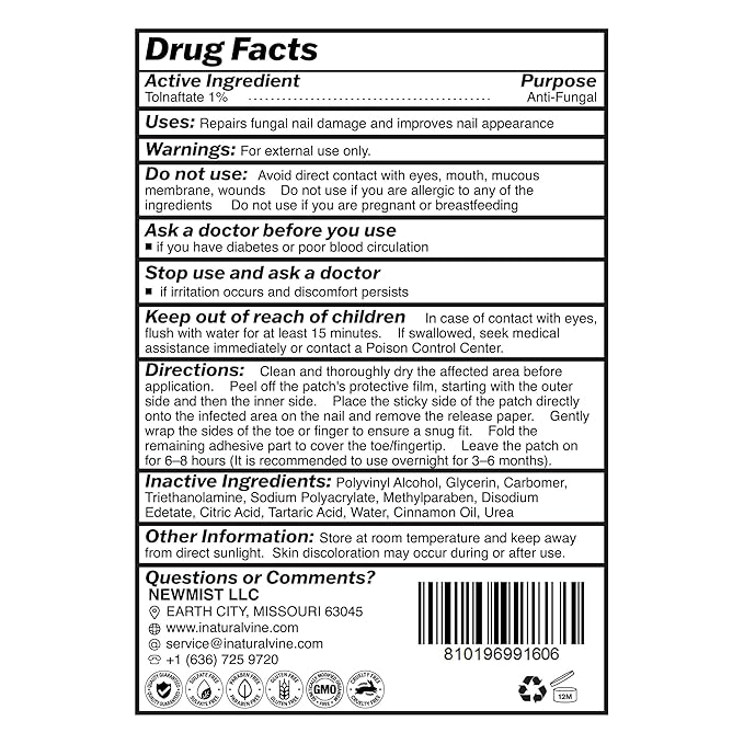 Natural Vine Fungal Nail Patches: Max Strength Formula for Toenail and Fingernails - 8-Hour Nighttime Renewal with 1% Tolnaftate - Toenail Fungus Treatment Extra Strength 32 Patches