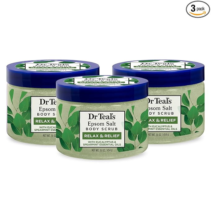 Dr Teal's Pure Epsom Salt Body Scrub, Relax & Relief with Eucalyptus & Spearmint Essential Oils, 16 oz (Pack of 3)