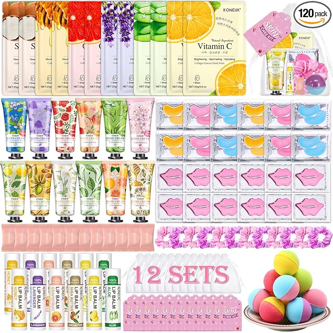KONEUK 120 PCS Spa Party Supplies for Women, Spa Party Favors Include Face Masks Skincare, Hand Cream, Lip Balm, Under Eye Patches, Lip Mask and Foot Bath Bombs, Spa Birthday Sleepover Party Supplies