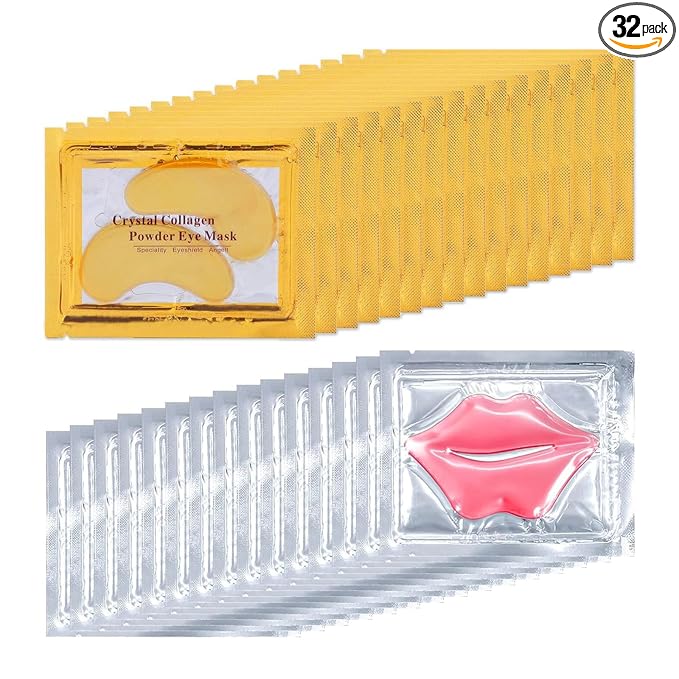32 Pairs Eye Masks & Lip Masks, 24K Gold Gel Crystal Collagen Eye Patches for Puffy Eyes, MoisturizingLip Mask Pink Lip, Anti-Aging Eye andLip Masks for Reducing Fine Lines & Dark Circles