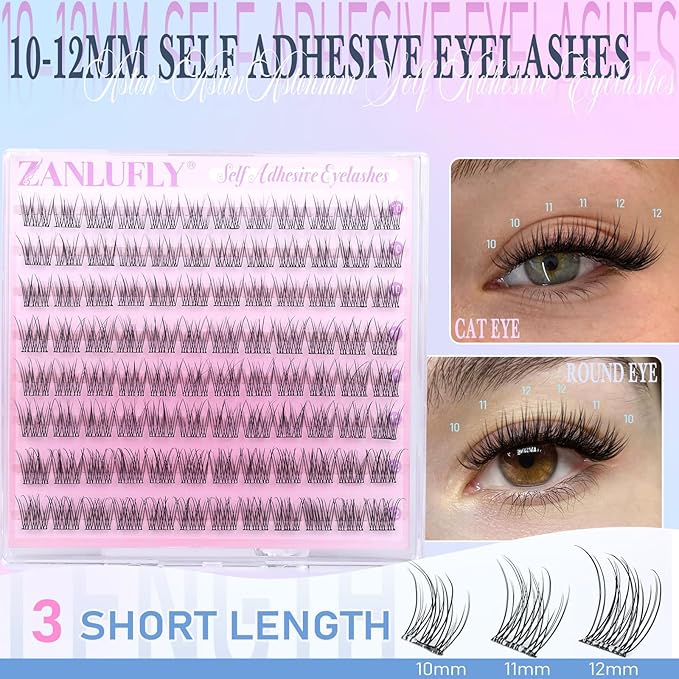 Self Adhesive Lash Clusters Natural Self Adhesive Eyelashes 10-12mm Short Lash Clusters No Glue Needed DIY Pre-glued Eyelash Clusters Wispy Press on Lashes by ZANLUFLY