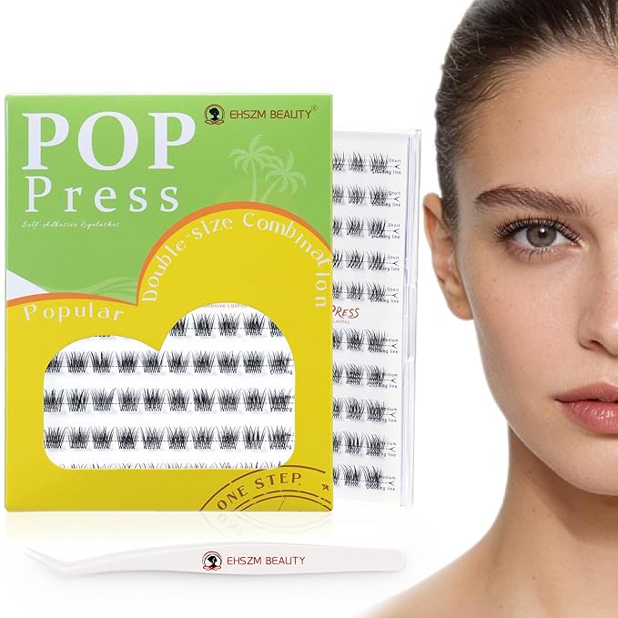 POP PRESS 8-10mm Petit 2-in-1 Self-Adhesive Lash Clusters Kit, 1-Minute Pre-Glued Press-On, Invisible Band, Includes Tweezers, All-Day No-Fall, Ideal for Daily No-Makeup