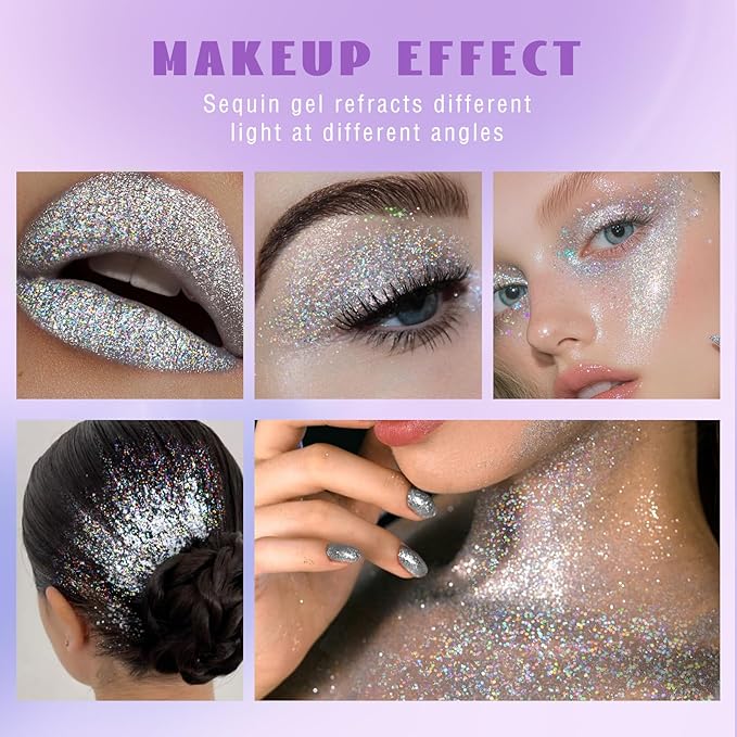 HOSAILY Roll-on Holographic Body Glitter Gel for Face Hair, Chameleon Color Changing Glitter Gel Under Light, Chunky Mermaid Sequins Festival Party Rave Accessories Shimmer Makeup (Silver)