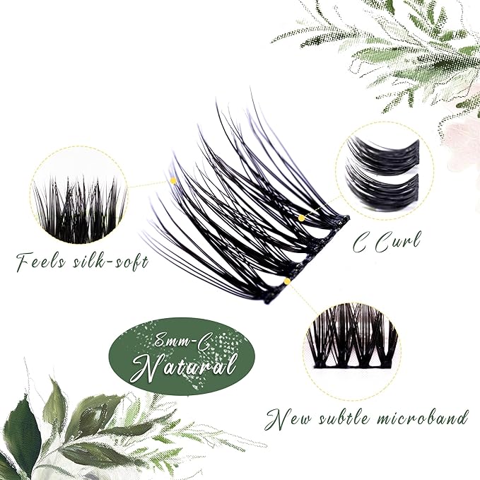 8mm C-Curl Lash Clusters, Natural Wispy Subtle Volume, Thin Flexible Band, Ideal for Puffy Eyes - Workdays, Daily Touch-Ups, Natural Style