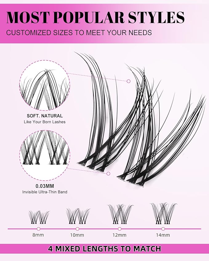 Venus Lash Clusters Kit Short 8-14mm Wispy Natural Cluster Lashes Kit Fake Lashes Eyelash Clusters Kit DIY Individual Eyelash Extension Kit with 0.03mm Ultra-Thin Invisible Wide Lash Band