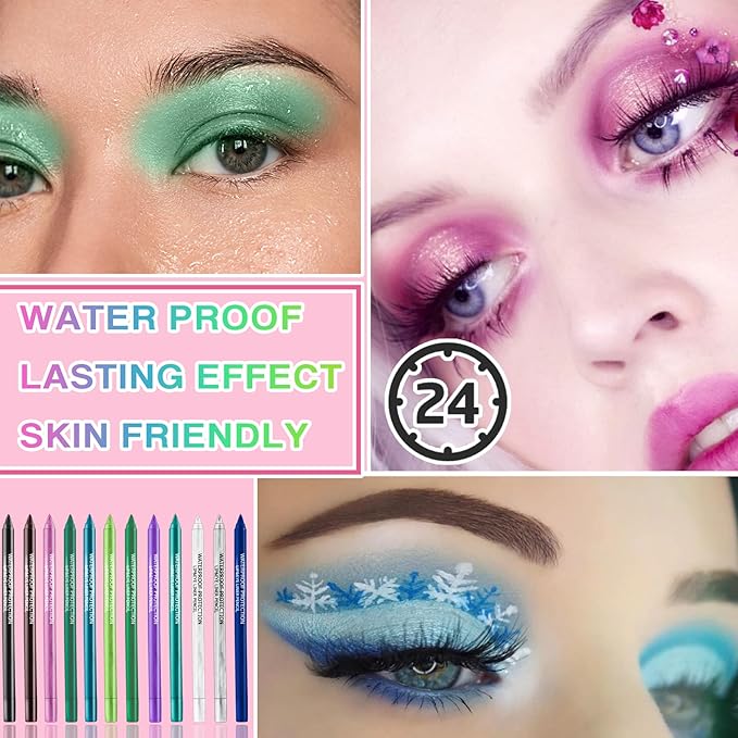 12 Colors Colorful Eyeliner Pencils Set Glitter Colored Eyeliner Pen Kit Metallic Pearl Green Purple White Blue Matte Eye Shadow Pencil Long Lasting Waterproof Professional Eye Makeup Pen Set (12Pcs)