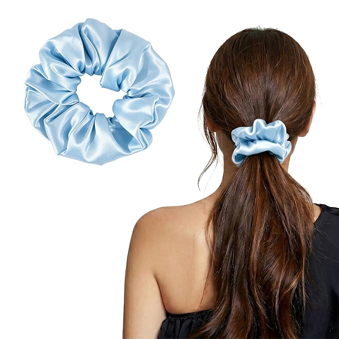 ZLYC 100% Mulberry Silk Hair Tie Scrunchie 19 Momme Gentle Creaseless Dent-Free Ponytail Holder for Women, 6cm Solid Dusty Blue