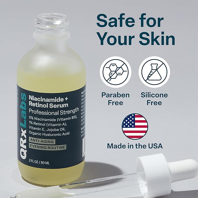 QRxLabs 5% Niacinamide Serum with 1% Retinol & Alpha Arbutin – Brightening Face Serum to Help Improve the Appearance of Pores, Texture & Uneven Skin Tone – 2 Fl Oz