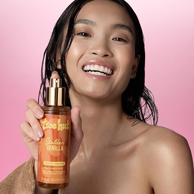 Tree Hut Golden Vanilla Hair & Body Mist, Hydrating & Alcohol-Free Body Spray, Warm Vanilla & Sandalwood Scent, Perfume Mist for Hair & Body, Everyday Fragrance Spray for Women, 6 oz