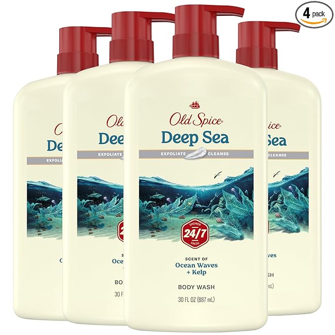 Old Spice Cleansing Body Wash for Men, 24/7 Shower Fresh with Lasting Scent, Exfoliate & Cleanse, Gentle on Skin, Vitamin B3, Deep Sea with Ocean Waves + Kelp Scent, 30 oz (Pack of 4)