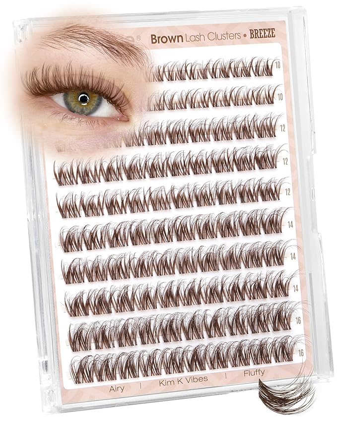 Spider Lash Clusters Brown Eyelash Clusters Wispy Cluster Eyelash Extensions 10-16MM Airy Fluffy Individual Lash Extensions Easy Application with CC Curl & Clear Band for Soft Glam Natural Makeup