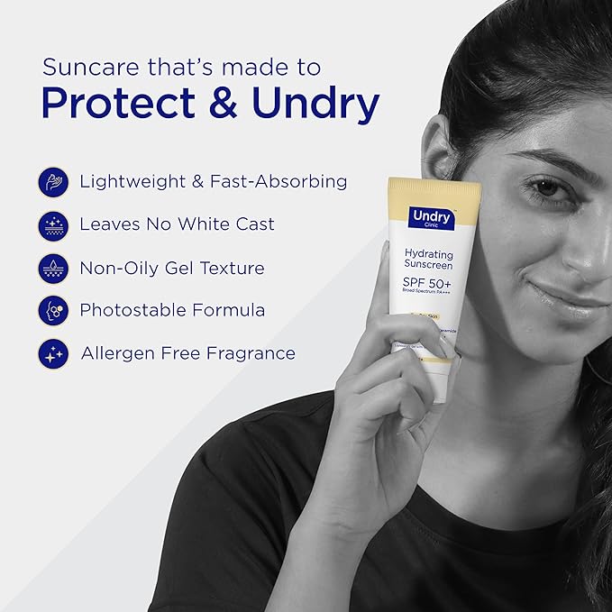 Undry Hydrating Sunscreen for Dry Skin Lightweight, Photostable Sunscreen SPF 50 Broad Spectrum Sun Screen Protector SPF 50 Sunscreen Sun Cream with HA & Ceramide (50gm/1.7 Oz)