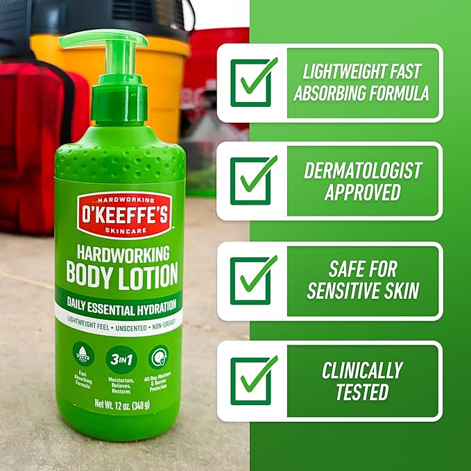 O’Keeffe’s Hardworking Body Lotion, Daily Hydration for Dry Skin, 12 oz Pump (2 Pack) Non Greasy & Unscented, Lightweight Fast Absorbing Formula