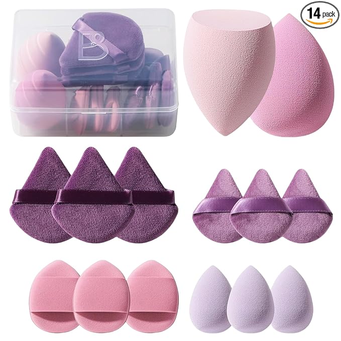 Makeup Sponge Set BS-MALL Triangle Puff 14 Pcs for Liquid, Cream, and Powder, Multi-colored Makeup Sponges and Mini Sponge with Case (A-Purple)